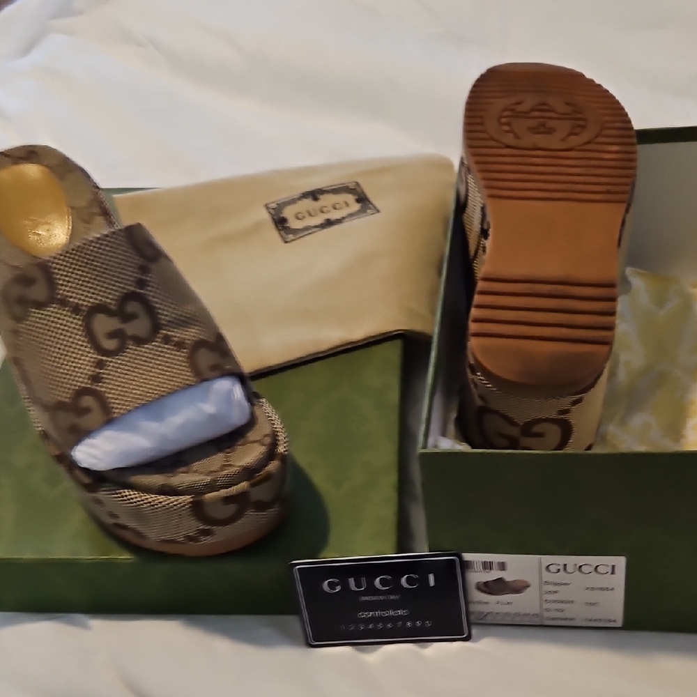 Gucci Brown Monogram Platform Slides